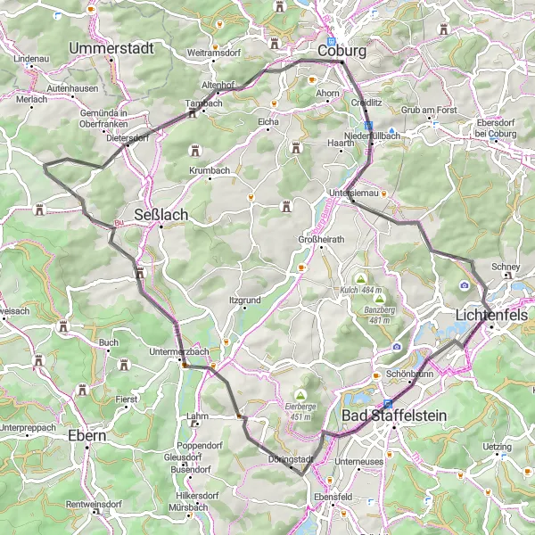 Karten-Miniaturansicht der Radinspiration "Bike-Abenteuer um Untermerzbach" in Oberfranken, Germany. Erstellt vom Tarmacs.app-Routenplaner für Radtouren