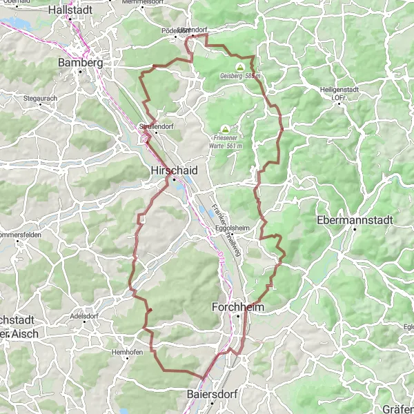 Map miniature of "Challenging Gravel Ride with Kreuzberg Climb" cycling inspiration in Oberfranken, Germany. Generated by Tarmacs.app cycling route planner