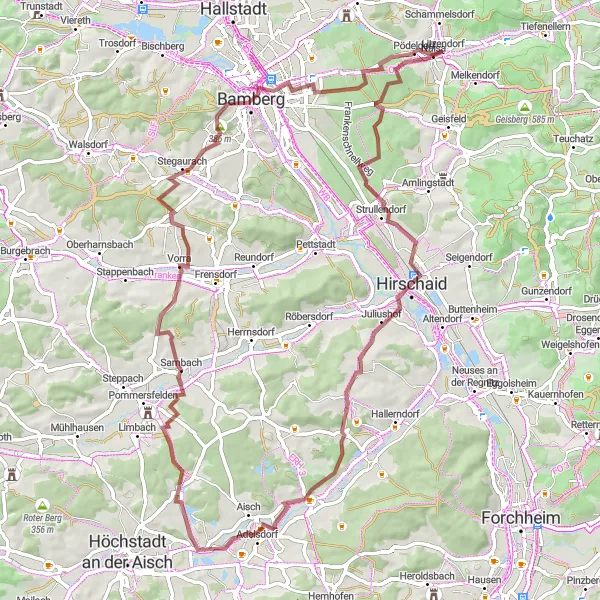 Map miniature of "Scenic Gravel Ride to Villa Remeis" cycling inspiration in Oberfranken, Germany. Generated by Tarmacs.app cycling route planner