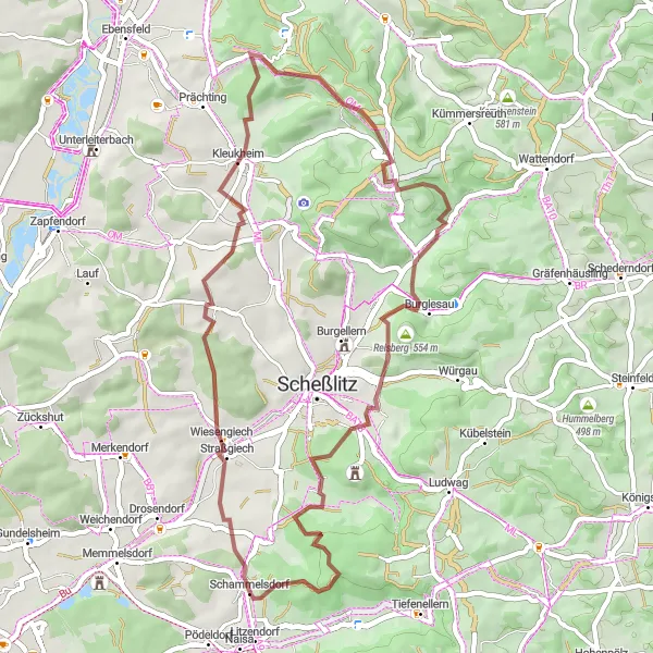 Map miniature of "Schammelsdorf and Reisberg Gravel Circuit" cycling inspiration in Oberfranken, Germany. Generated by Tarmacs.app cycling route planner