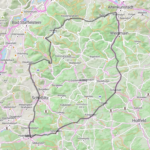 Map miniature of "Litzendorf-Blick and Burheim Loop" cycling inspiration in Oberfranken, Germany. Generated by Tarmacs.app cycling route planner