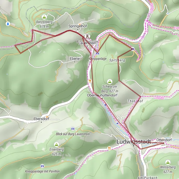 Karten-Miniaturansicht der Radinspiration "Kurze Graveltour von Ludwigsstadt zum Winterberg" in Oberfranken, Germany. Erstellt vom Tarmacs.app-Routenplaner für Radtouren