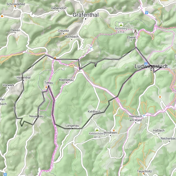 Karten-Miniaturansicht der Radinspiration "Rundtour von Ludwigsstadt über Langenauer Höhe nach Neuenbau" in Oberfranken, Germany. Erstellt vom Tarmacs.app-Routenplaner für Radtouren