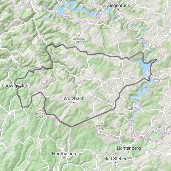 Map miniature of "Adventure through Bad Lobenstein" cycling inspiration in Oberfranken, Germany. Generated by Tarmacs.app cycling route planner