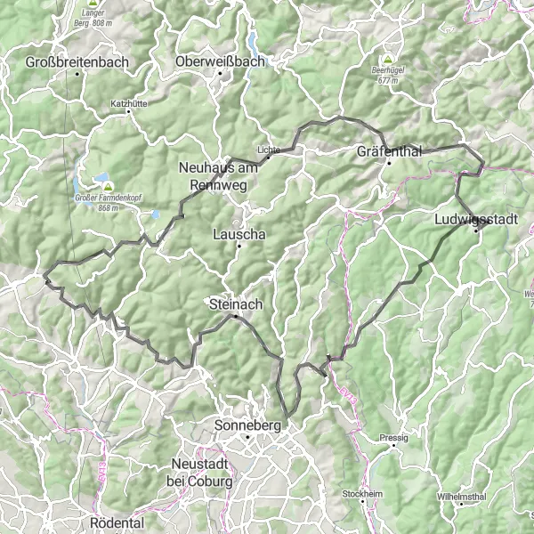 Karten-Miniaturansicht der Radinspiration "Radtour um Ludwigsstadt" in Oberfranken, Germany. Erstellt vom Tarmacs.app-Routenplaner für Radtouren