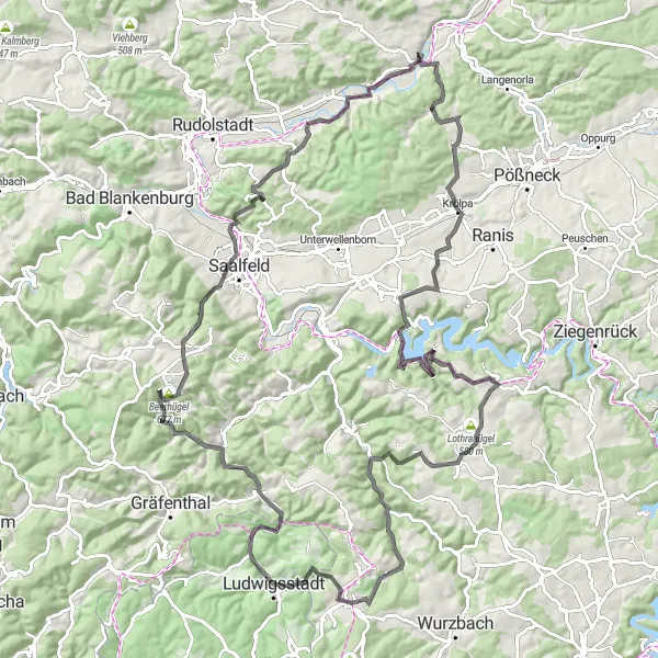 Karten-Miniaturansicht der Radinspiration "Herausfordernde Rennradtour rund um Ludwigsstadt" in Oberfranken, Germany. Erstellt vom Tarmacs.app-Routenplaner für Radtouren