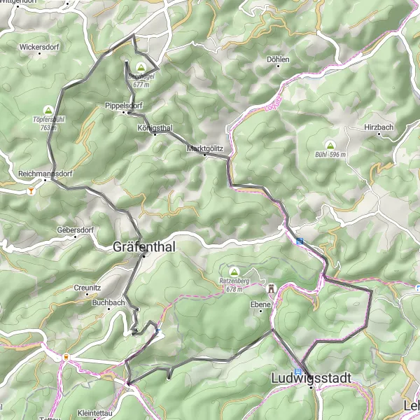 Map miniature of "Thuringian Village Tour" cycling inspiration in Oberfranken, Germany. Generated by Tarmacs.app cycling route planner