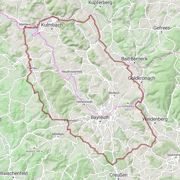 Map miniature of "Mainleus and Beyond" cycling inspiration in Oberfranken, Germany. Generated by Tarmacs.app cycling route planner