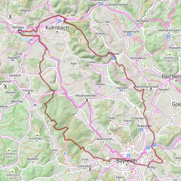 Map miniature of "Off-Road Adventure to Bayreuth" cycling inspiration in Oberfranken, Germany. Generated by Tarmacs.app cycling route planner