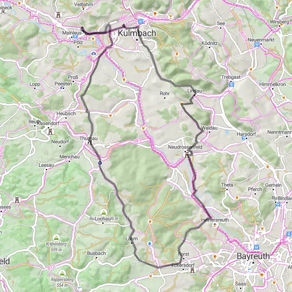 Karten-Miniaturansicht der Radinspiration "Rundkurs durch Kulmbacher Landschaft" in Oberfranken, Germany. Erstellt vom Tarmacs.app-Routenplaner für Radtouren