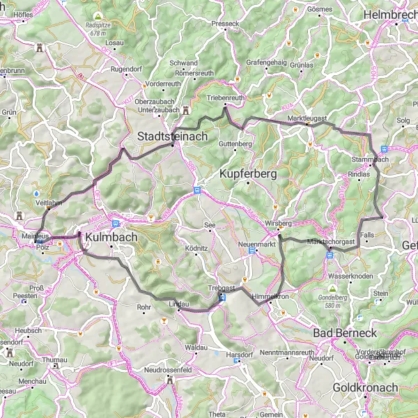 Map miniature of "The Majestic Bergs" cycling inspiration in Oberfranken, Germany. Generated by Tarmacs.app cycling route planner