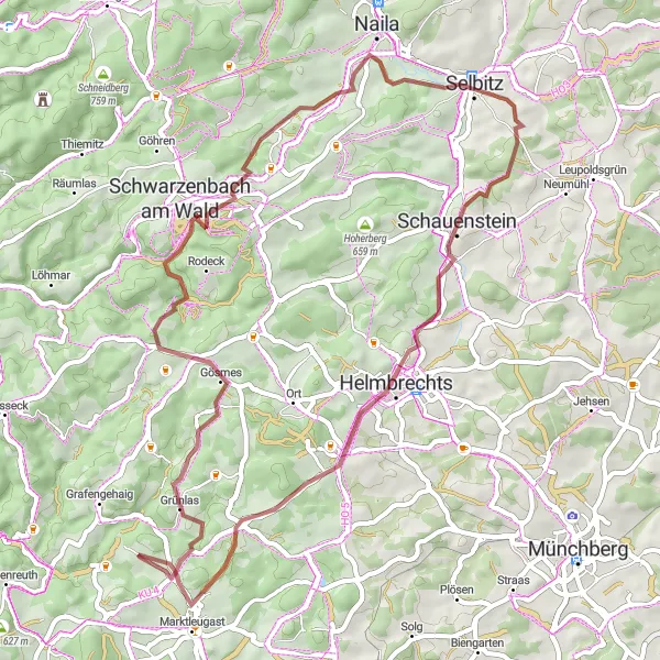 Map miniature of "Marktleugast - Döbraberg Exploration" cycling inspiration in Oberfranken, Germany. Generated by Tarmacs.app cycling route planner