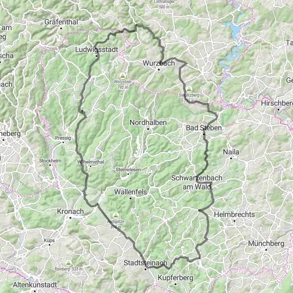 Map miniature of "Hainberg - Weinberg - Posseck - Pfaffenberg - Steinbach an der Haide - Schieferberg - Klettigshammer - Söllhügel - Wiesbühl - Lippertsgrün - Rauhenberg - Regnitzlosau - Zegast Cycle Route" cycling inspiration in Oberfranken, Germany. Generated by Tarmacs.app cycling route planner