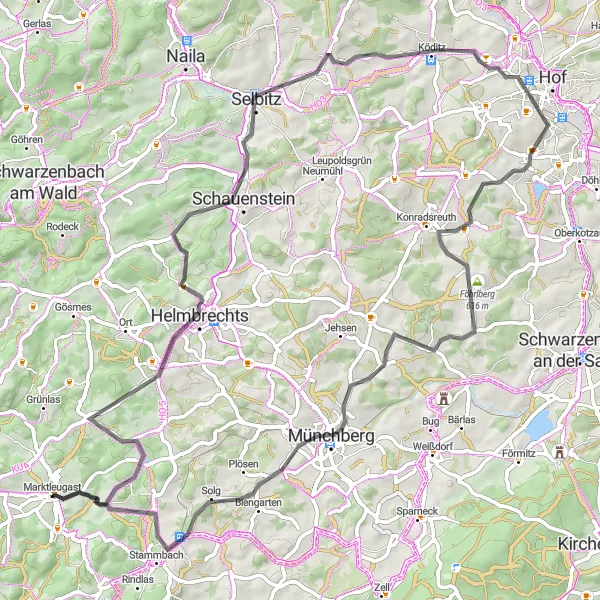 Map miniature of "Marktleugast - Kirchberg Tower Loop" cycling inspiration in Oberfranken, Germany. Generated by Tarmacs.app cycling route planner