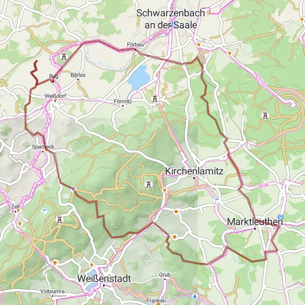 Map miniature of "Gravel Hilltops" cycling inspiration in Oberfranken, Germany. Generated by Tarmacs.app cycling route planner