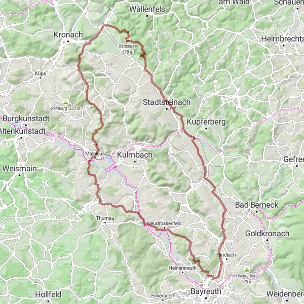 Map miniature of "Thrilling gravel adventure in Oberfranken" cycling inspiration in Oberfranken, Germany. Generated by Tarmacs.app cycling route planner