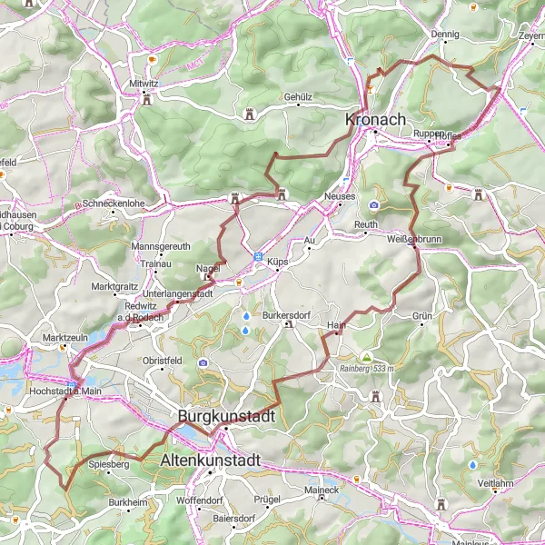 Map miniature of "Gravel adventure in Oberfranken" cycling inspiration in Oberfranken, Germany. Generated by Tarmacs.app cycling route planner