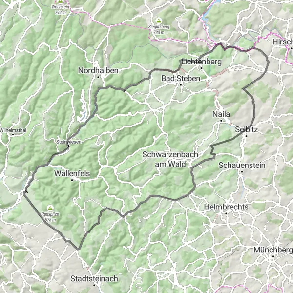 Karten-Miniaturansicht der Radinspiration "Zeyern-Presseck-Runde: Historische Dörfer und herrliche Natur" in Oberfranken, Germany. Erstellt vom Tarmacs.app-Routenplaner für Radtouren