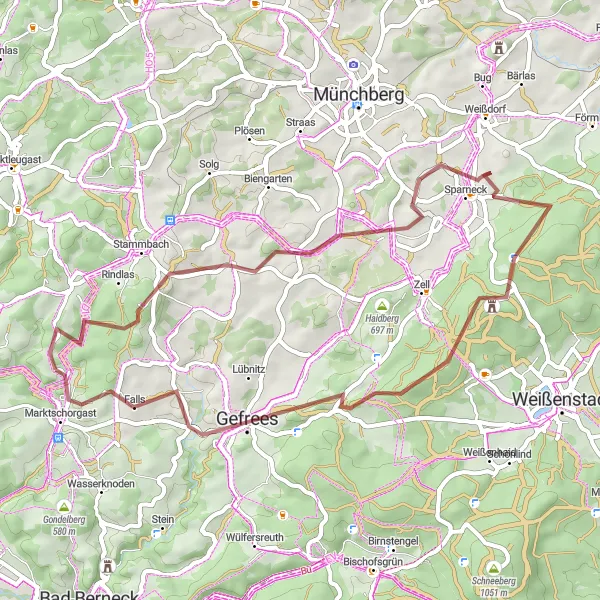 Map miniature of "Marktschorgast to Weißensteinturm Gravel Route" cycling inspiration in Oberfranken, Germany. Generated by Tarmacs.app cycling route planner
