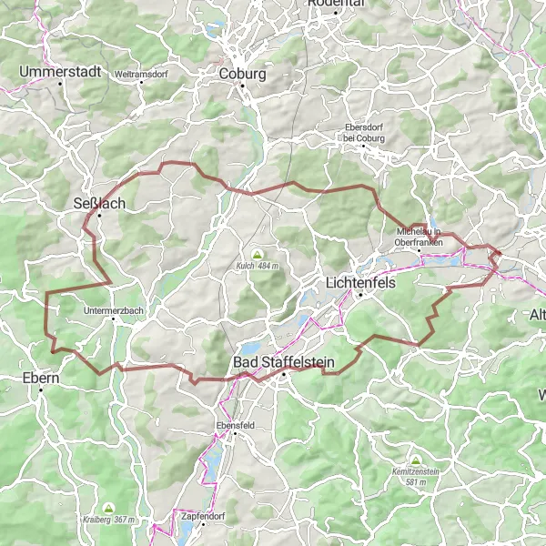 Map miniature of "Historical Gravel Escape" cycling inspiration in Oberfranken, Germany. Generated by Tarmacs.app cycling route planner