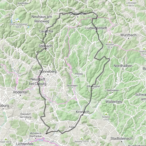 Karten-Miniaturansicht der Radinspiration "Hügeliges Abenteuer im Oberfrankenland" in Oberfranken, Germany. Erstellt vom Tarmacs.app-Routenplaner für Radtouren