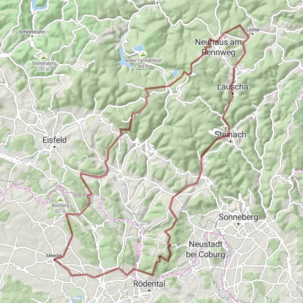 Map miniature of "Gravel Adventure to Lauscha" cycling inspiration in Oberfranken, Germany. Generated by Tarmacs.app cycling route planner
