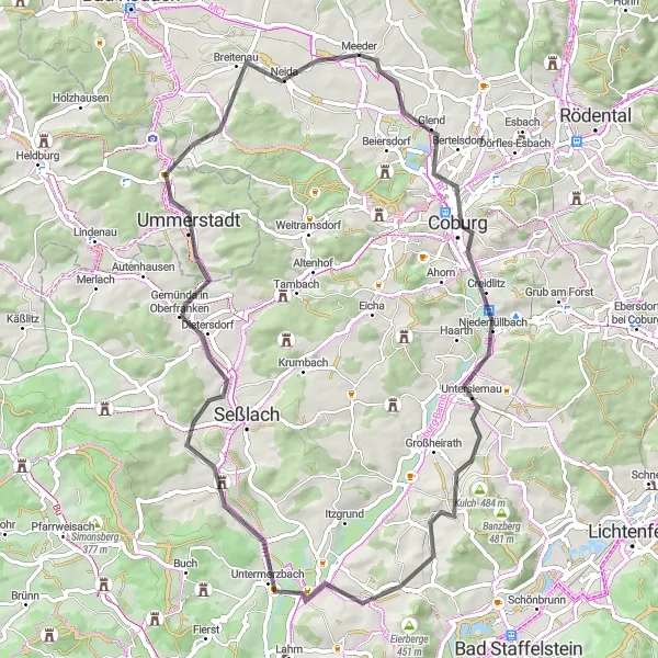 Karten-Miniaturansicht der Radinspiration "Vogelschutzwarte und historische Stätten" in Oberfranken, Germany. Erstellt vom Tarmacs.app-Routenplaner für Radtouren