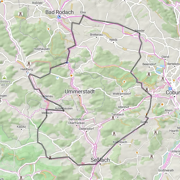 Map miniature of "Heldburg Castle Route" cycling inspiration in Oberfranken, Germany. Generated by Tarmacs.app cycling route planner