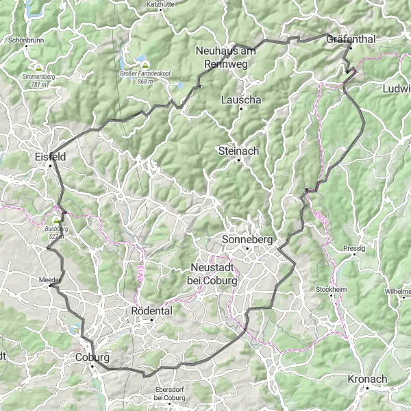 Map miniature of "Road Cycling Route to Gräfenthal" cycling inspiration in Oberfranken, Germany. Generated by Tarmacs.app cycling route planner