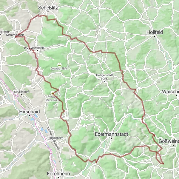 Map miniature of "Challenging Gravel Tour of Oberfranken" cycling inspiration in Oberfranken, Germany. Generated by Tarmacs.app cycling route planner