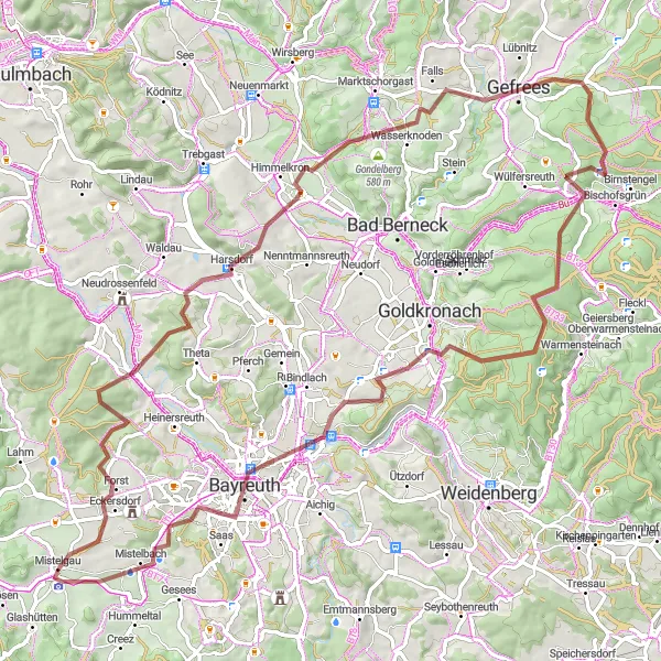 Karten-Miniaturansicht der Radinspiration "Entdeckungsreise durch Eckersdorf und Roter Hügel" in Oberfranken, Germany. Erstellt vom Tarmacs.app-Routenplaner für Radtouren