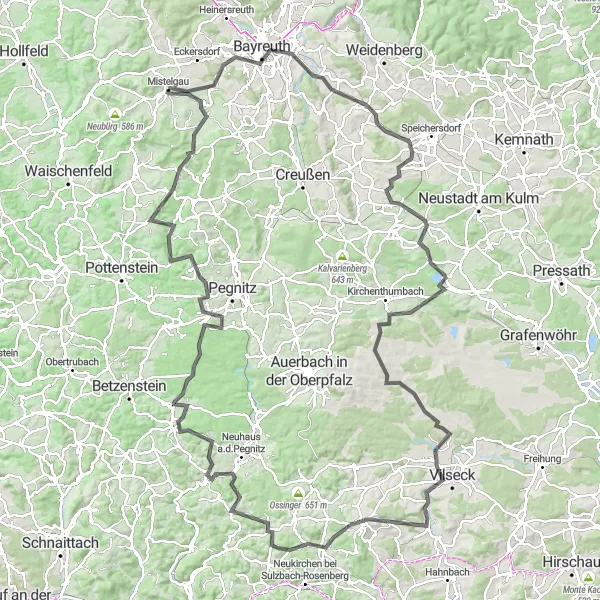 Map miniature of "Mistelgau and Beyond" cycling inspiration in Oberfranken, Germany. Generated by Tarmacs.app cycling route planner