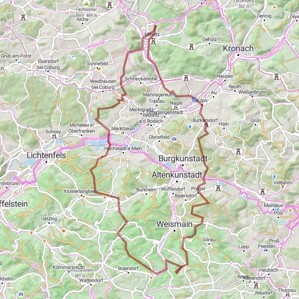 Map miniature of "Gravel Adventure through Oberfranken" cycling inspiration in Oberfranken, Germany. Generated by Tarmacs.app cycling route planner