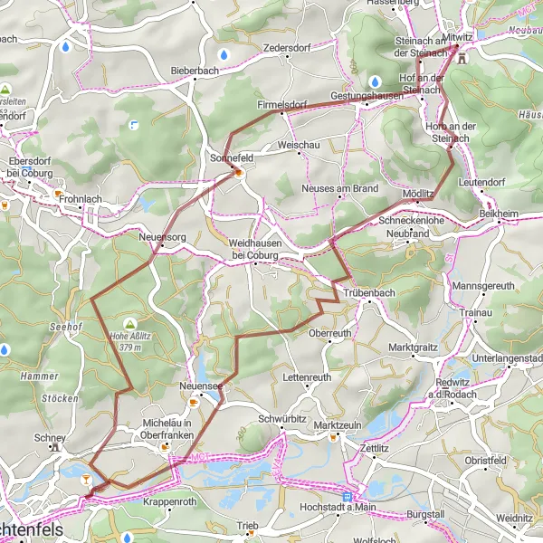 Map miniature of "Discover the Charms of Oberfranken" cycling inspiration in Oberfranken, Germany. Generated by Tarmacs.app cycling route planner