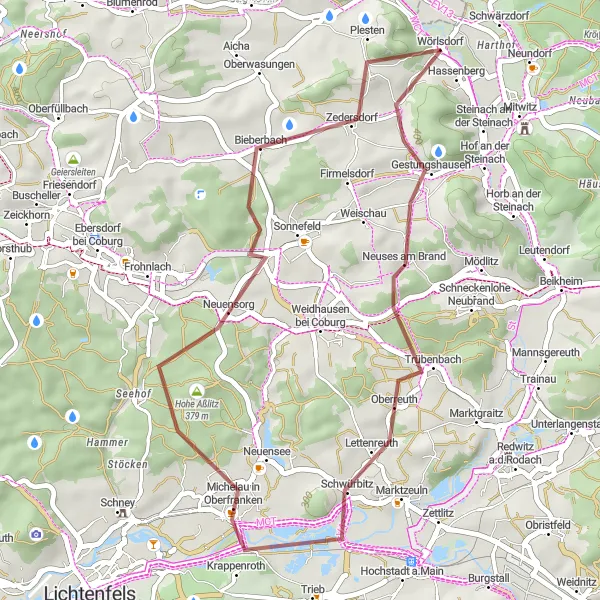 Map miniature of "Through Graitzer Spitzberg and Hohe Aßlitz" cycling inspiration in Oberfranken, Germany. Generated by Tarmacs.app cycling route planner