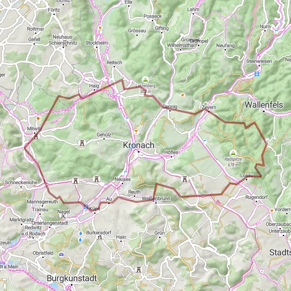 Map miniature of "Exploring Weinberg and Oberlangenstadt" cycling inspiration in Oberfranken, Germany. Generated by Tarmacs.app cycling route planner