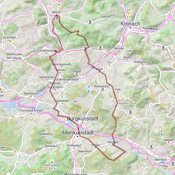 Map miniature of "Mitwitz Gravel Adventure" cycling inspiration in Oberfranken, Germany. Generated by Tarmacs.app cycling route planner