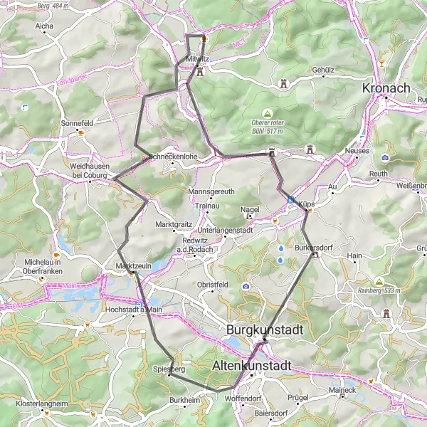 Map miniature of "Scenic Road Cycling Loop" cycling inspiration in Oberfranken, Germany. Generated by Tarmacs.app cycling route planner