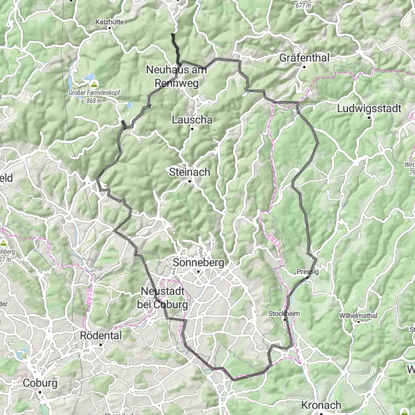 Map miniature of "Road Cycling Adventure through Neustadt bei Coburg and Piesau" cycling inspiration in Oberfranken, Germany. Generated by Tarmacs.app cycling route planner