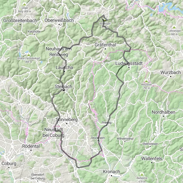 Map miniature of "The Franconian Forest Adventure" cycling inspiration in Oberfranken, Germany. Generated by Tarmacs.app cycling route planner
