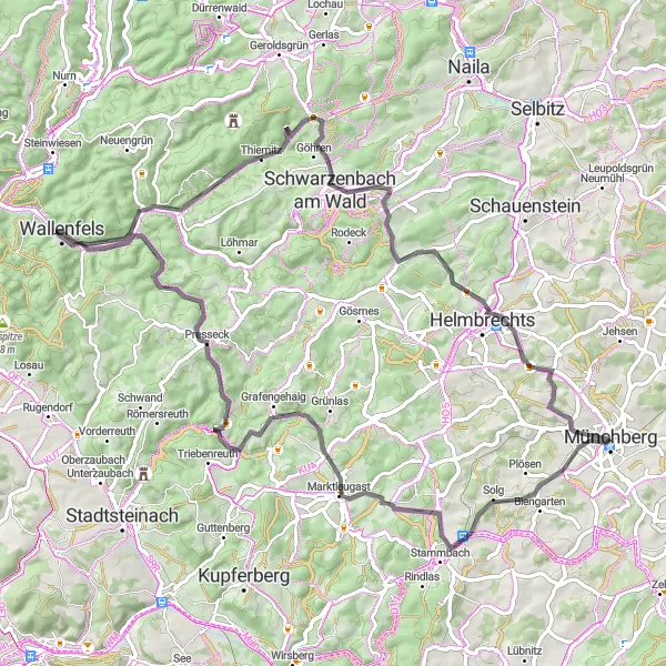 Karten-Miniaturansicht der Radinspiration "Rundtour über Goppelshöhe und Schlossberg" in Oberfranken, Germany. Erstellt vom Tarmacs.app-Routenplaner für Radtouren