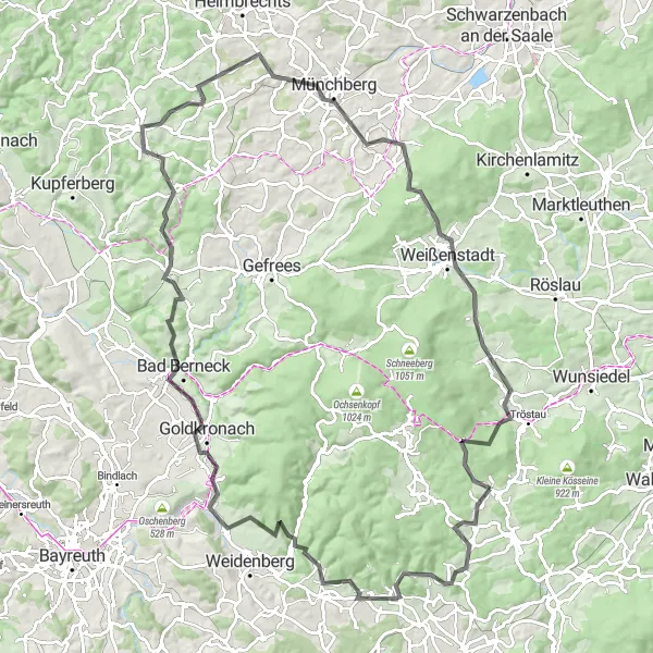 Map miniature of "The Epic Mountain Challenge" cycling inspiration in Oberfranken, Germany. Generated by Tarmacs.app cycling route planner