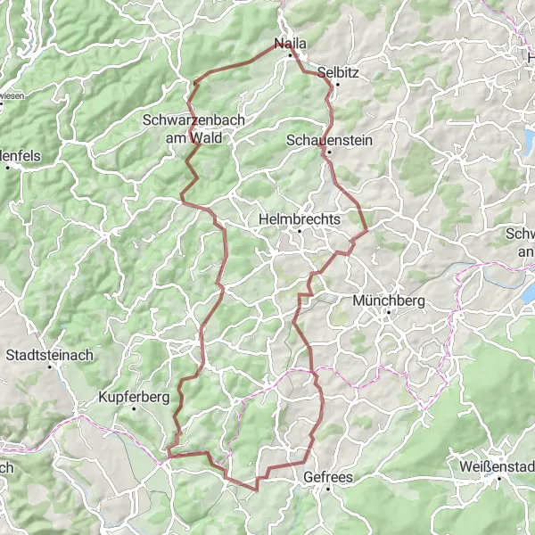 Map miniature of "Gravel Exploration near Naila" cycling inspiration in Oberfranken, Germany. Generated by Tarmacs.app cycling route planner