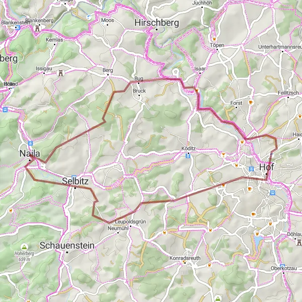 Map miniature of "Gravel Adventure around Naila" cycling inspiration in Oberfranken, Germany. Generated by Tarmacs.app cycling route planner