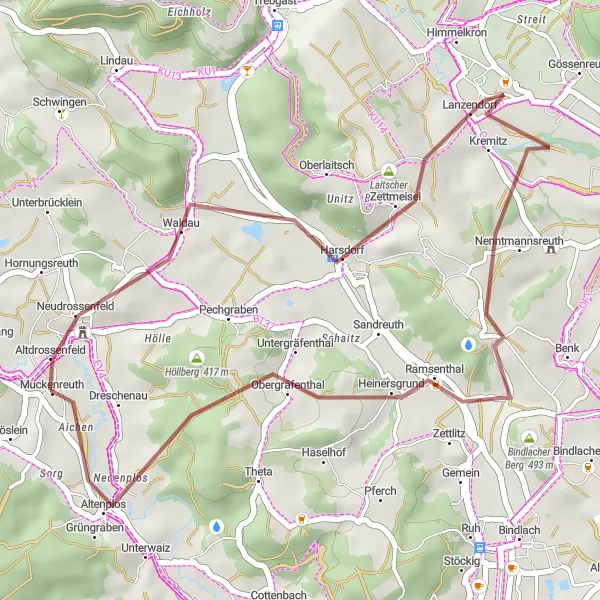 Map miniature of "Neudrossenfeld Gravel Loop" cycling inspiration in Oberfranken, Germany. Generated by Tarmacs.app cycling route planner