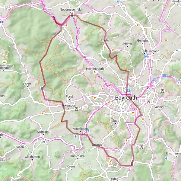 Map miniature of "Neudrossenfeld Gravel Scenic Route" cycling inspiration in Oberfranken, Germany. Generated by Tarmacs.app cycling route planner