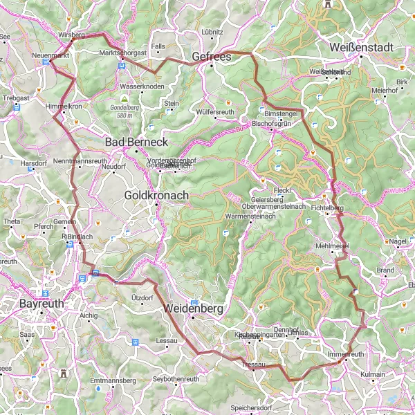 Map miniature of "The Golden Gravel Adventure" cycling inspiration in Oberfranken, Germany. Generated by Tarmacs.app cycling route planner