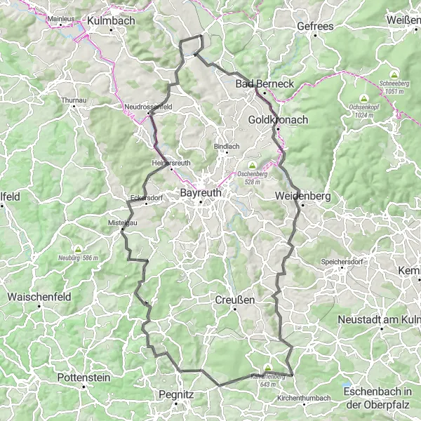 Map miniature of "Neuenmarkt Road Cycling Adventure" cycling inspiration in Oberfranken, Germany. Generated by Tarmacs.app cycling route planner