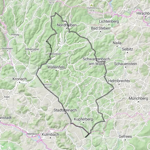 Map miniature of "Road to Transcendence" cycling inspiration in Oberfranken, Germany. Generated by Tarmacs.app cycling route planner