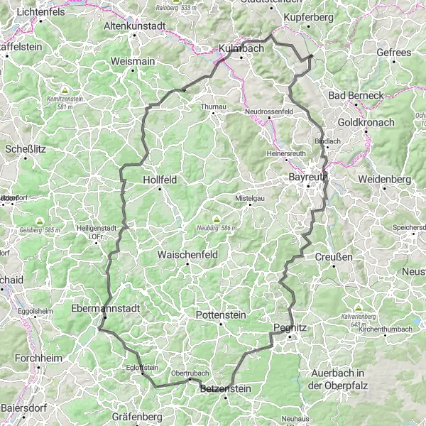 Map miniature of "From Peaks to Valleys" cycling inspiration in Oberfranken, Germany. Generated by Tarmacs.app cycling route planner